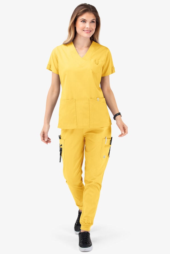Butter-Soft STRETCH Women's 6-Pocket V-Neck Scrub Top - Pineapple - 2
