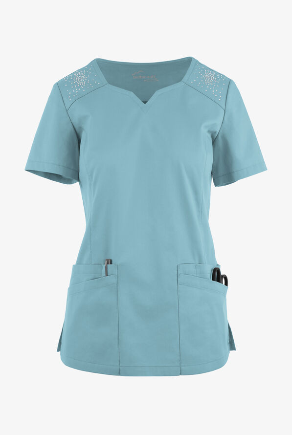 Butter-Soft STRETCH Women's 6-Pocket Crystal Bling Scrub Top - Dew Drop - 1