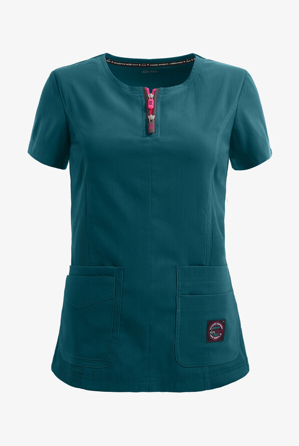koi Lite&trade; Serenity Women's 4-Pocket Double Zipper Scrub Top - Caribbean Blue - 1