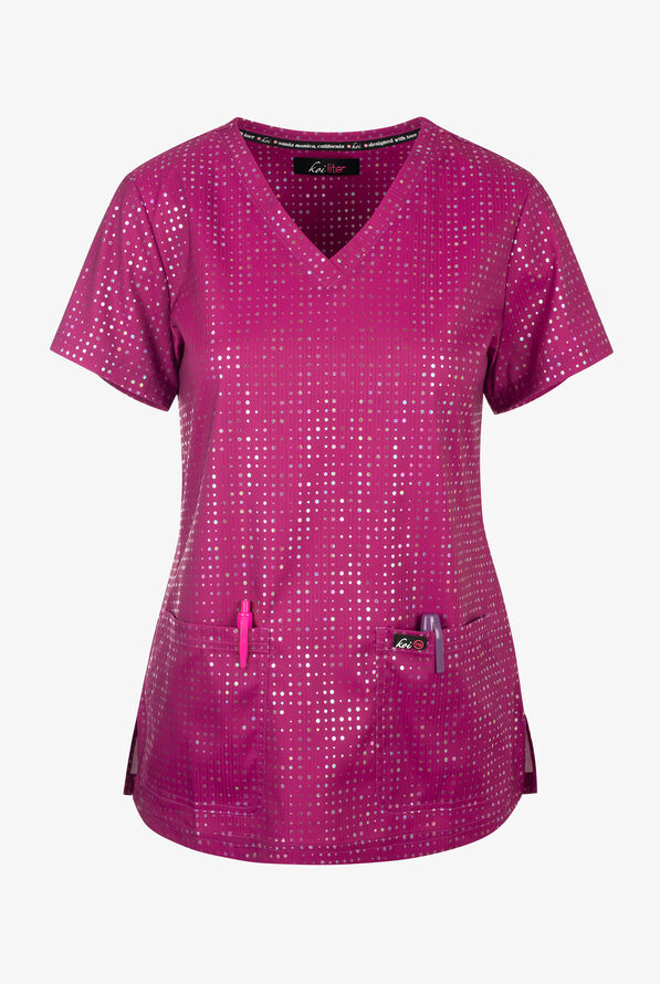 koi Lite Iridescent Azalea Pink Women's 2-Pocket V-Neck Print Scrub Top - null - 1