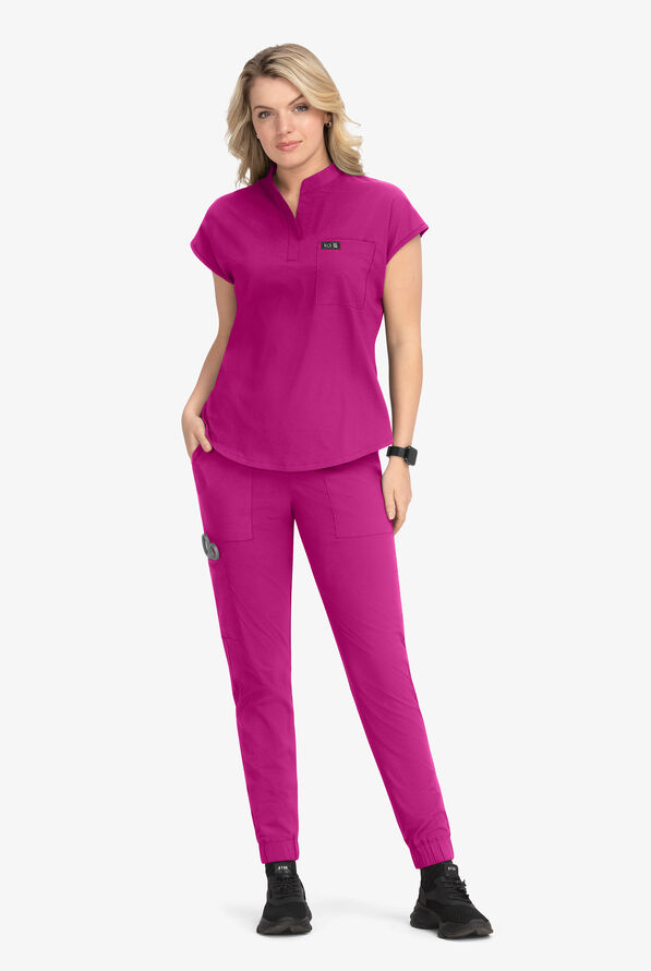 koi Basics Ari Women's 1-Pocket STRETCH Dolman Sleeve Mandarin Collar Scrub Top - Azalea Pink - 4