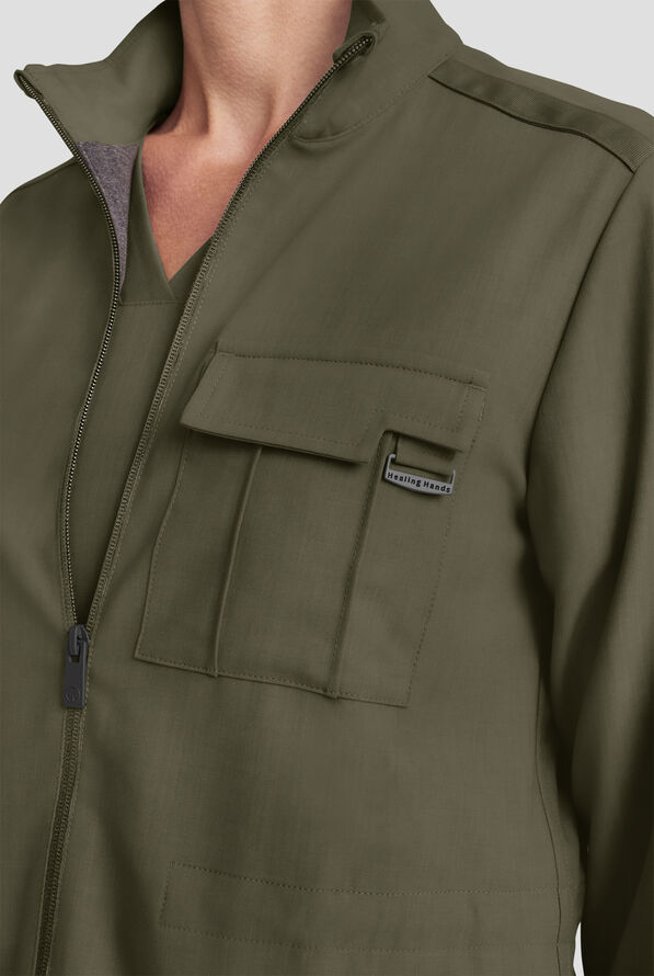 Healing Hands Quest Women's 4-Pocket STRETCH Zip Front Utility Scrub Jacket - Olive - 4
