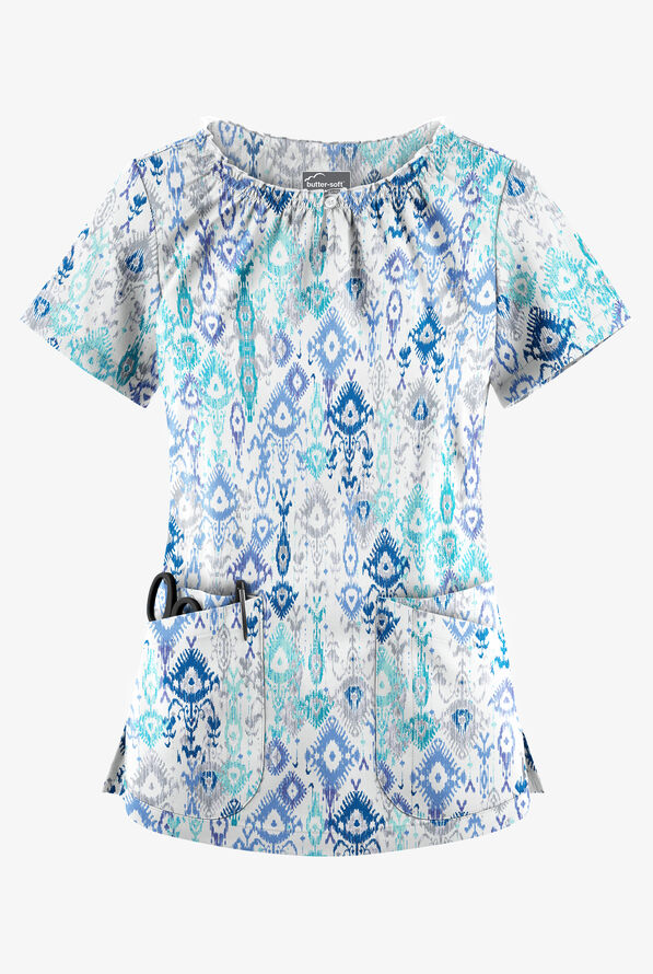 Butter-Soft STRETCH Cascading Ikat Amparo Blue Women's 6-Pocket Peasant Style Print Scrub Top - null - 1