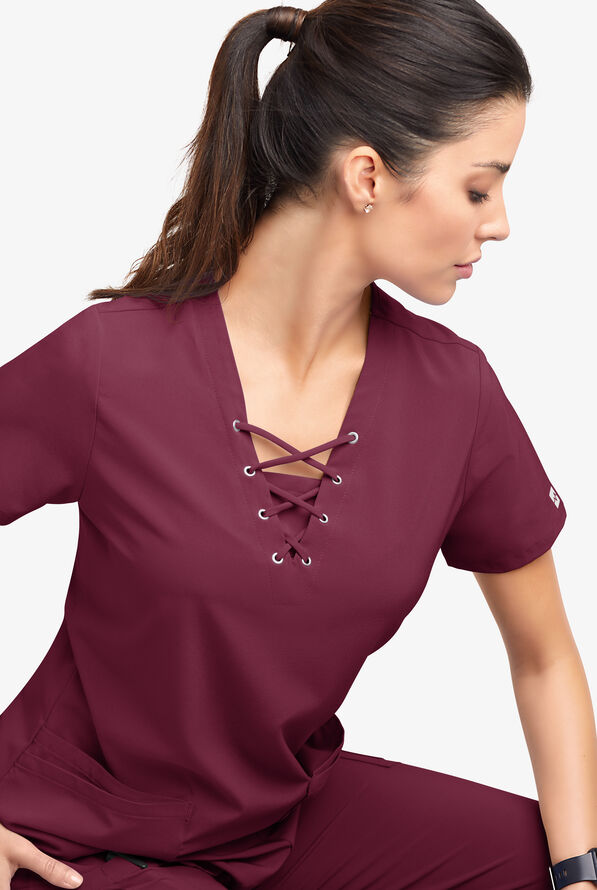 Easy STRETCH Gisele Women's 4-Pocket Lace Up V-Neck Scrub Top - Wine - 5