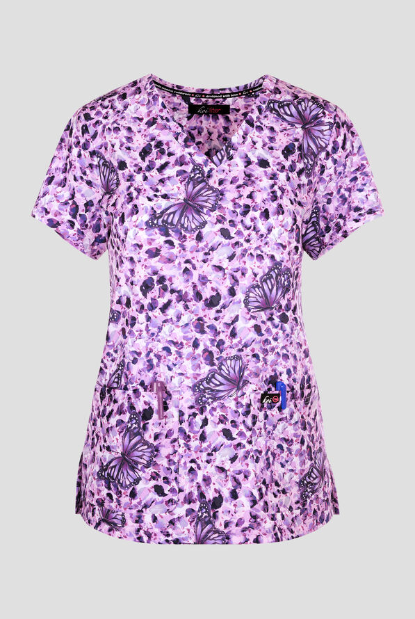 koi Lite Butterflight French Lavender Women's 2-Pocket V-Neck Print Scrub Top - null - 1