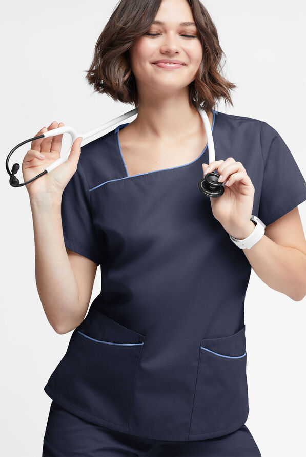Butter-Soft Originals Women's 4-Pocket Asymmetrical Neck Scrub Top - Navy/Ceil - 2