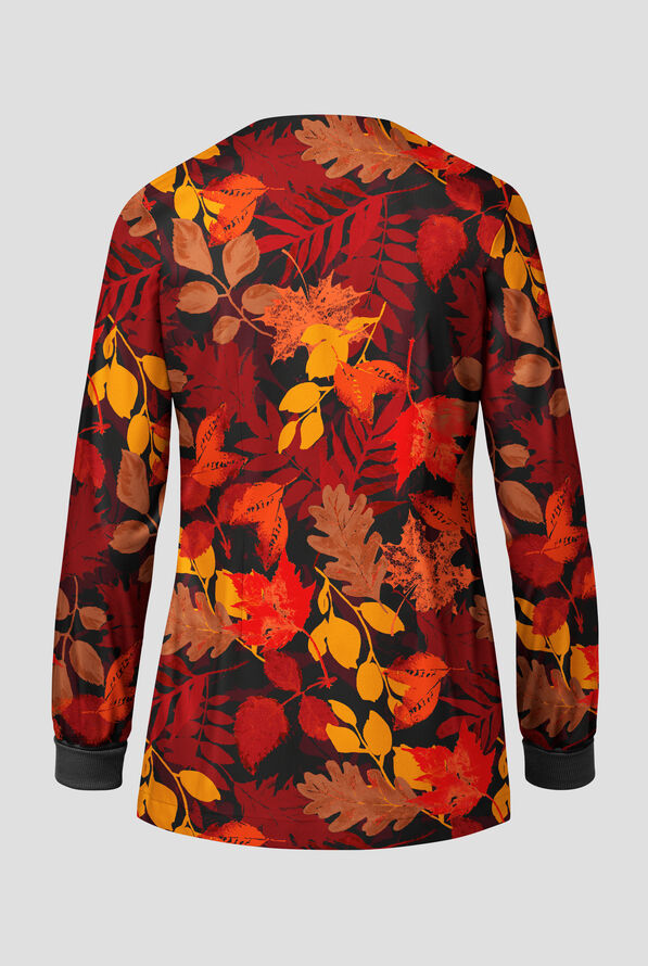 Butter-Soft STRETCH Rustling Leaves Women's 3-Pocket Long Sleeve Snap-Front Print Scrub Jacket - null - 2