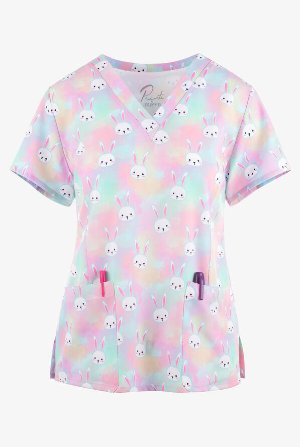 Maevn Funny Bunnies Women's Tie Dye 3-Pocket STRETCH V-Neck Print Scrub Top - null - 1