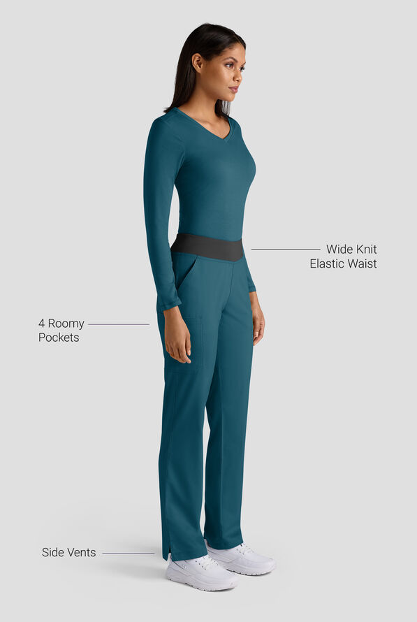 Butter-Soft STRETCH Women's 4-Pocket Knit Waistband Yoga Scrub Pants - Tall - Caribbean/Black - 3