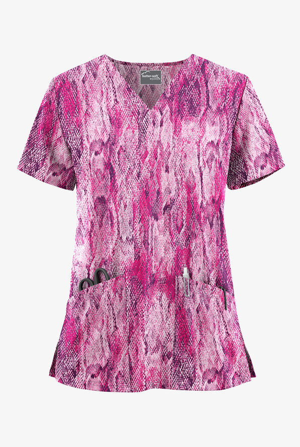 Butter-Soft STRETCH Lux Python Eggplant Women's 2-Pocket V-Neck Print Scrub Top - null - 1