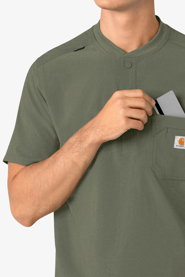 Camisa m&eacute;dica Carhartt Cross-Flex STRETCH estilo Henley con cuello y 3 bolsillos para hombre - Olive - 3
