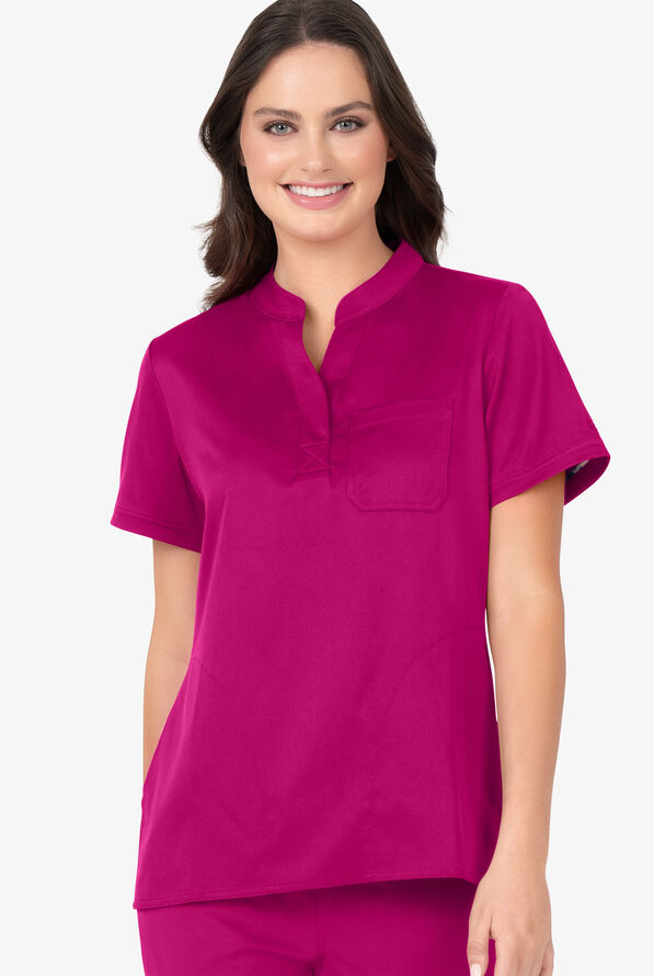 UA Exclusive Bella by Zavate Grace Women's 3-Pocket STRETCH Mandarin Collar Tuck In Scrub Top - Raspberry - 2