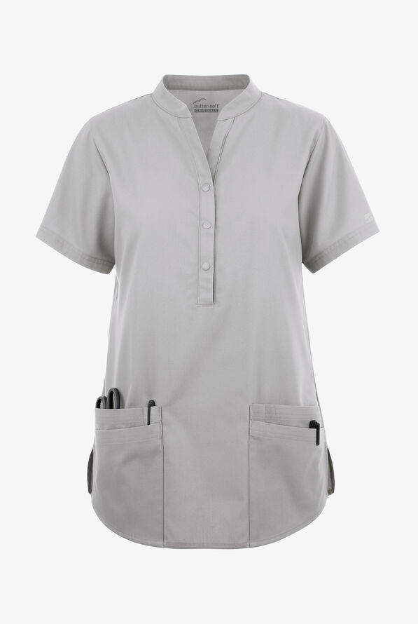 Blusa médica Butter-Soft Originals con cuello mao y 6 bolsillos para mujer - Silver - 1