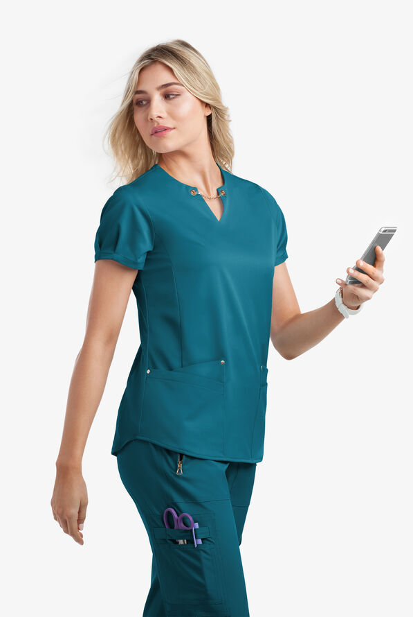 Lauderdale By UA Bahia Women's 4-Pocket Notch Neck STRETCH Scrub Top - Caribbean Blue - 5