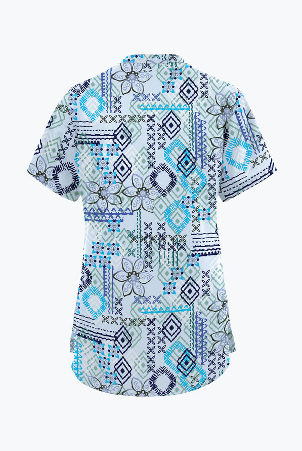 Butter-Soft Originals Floral Batik Morning Dew Women's 6-Pocket Mandarin Collar Print Scrub Top - null - 2