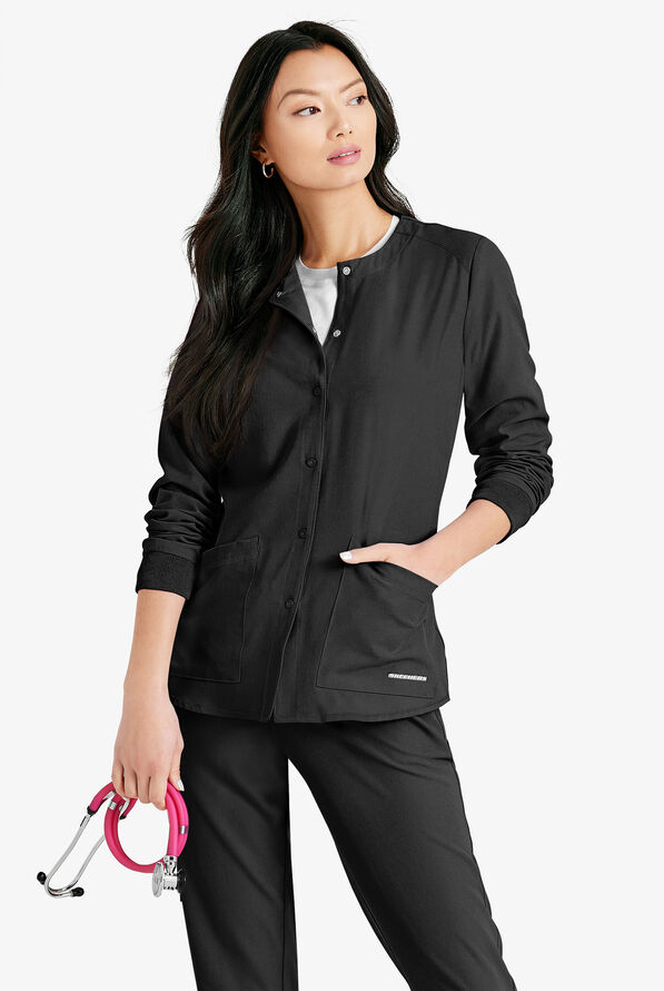 Skechers by Barco Stability Women's 2-Pocket STRETCH Warm-Up Scrub Jacket - Black - 3