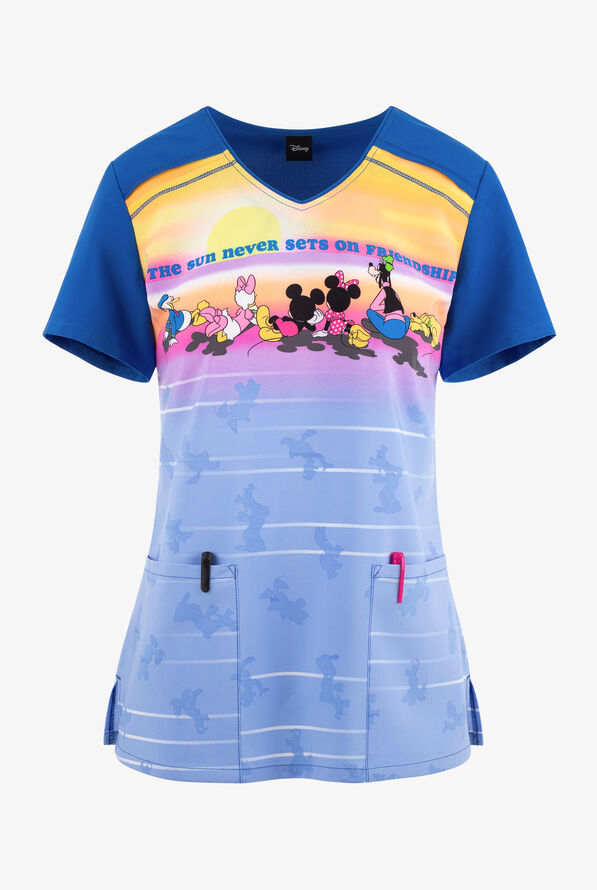 Tooniforms Disney Characters Sensational Sunset Women's 2-Pocket STRETCH V-Neck Print Scrub Top - null - 1