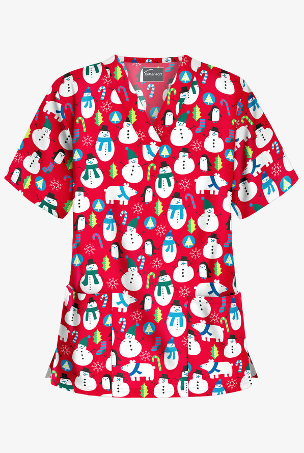 Butter-Soft North Pole Party Red Women's 2-Pocket Relaxed Fit V-Neck Print Scrub Top - null - 1
