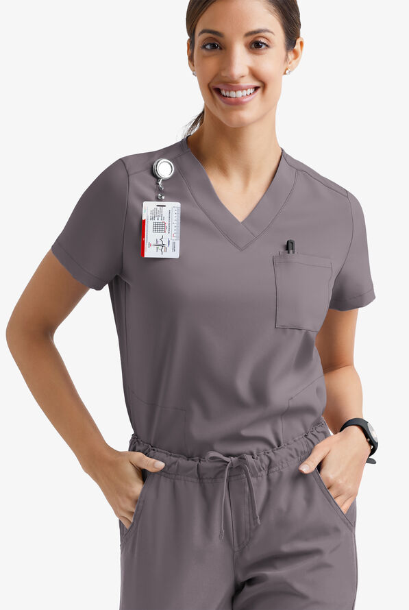 Easy STRETCH Taylor Women's 3-Pocket High Low Hem V-Neck Scrub Top - Grey Stone - 1