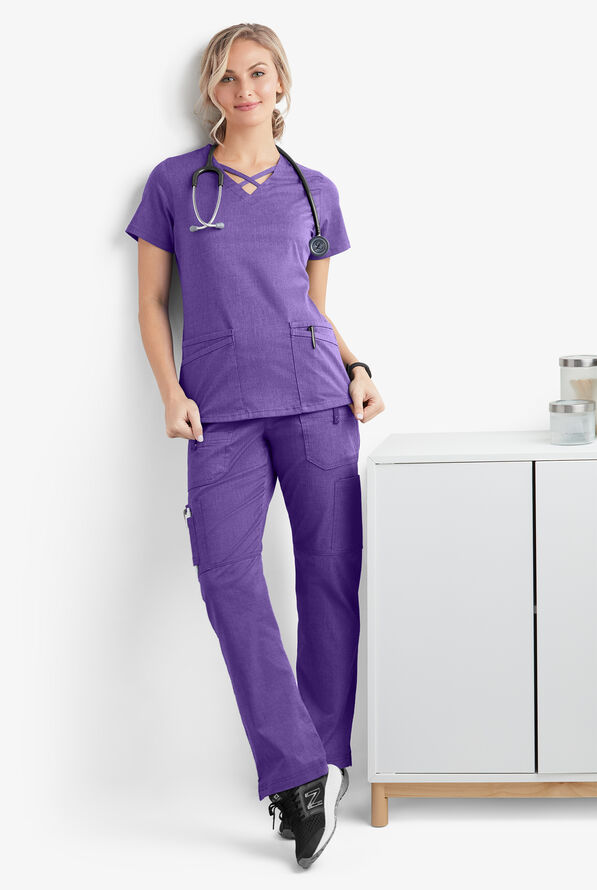 Blusa m&eacute;dica UA Butter-Soft STRETCH con lazos entrecruzados y 4 bolsillos para mujer - Sparkling Grape Heather - 6
