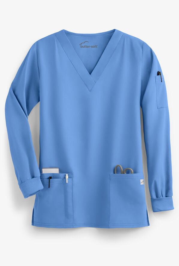 Butter-Soft Core Unisex 5-Pocket Long Sleeve Scrub Top - Ceil Blue - 1