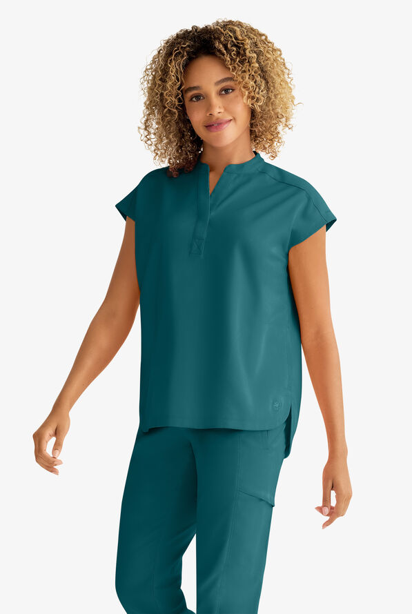 Healing Hands Purple Label Journey Women's 2-Pocket STRETCH Dolman Sleeve Mandarin Collar Scrub Top - Caribbean Blue - 3