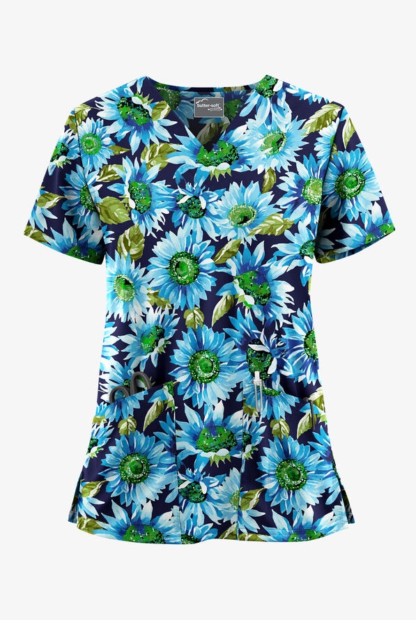 Butter-Soft STRETCH Tuscan Sunflowers Turquoise Women's 2-Pocket V-Neck Print Scrub Top - null - 1