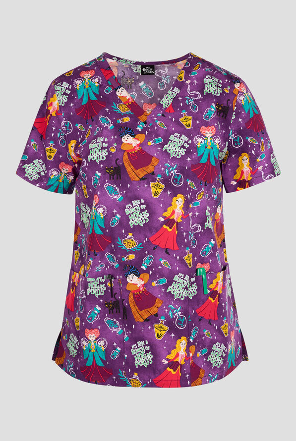 Tooniforms Disney's Bunch Of Hocus Pocus Women's 2-Pocket STRETCH V-Neck Print Scrub Top - null - 1