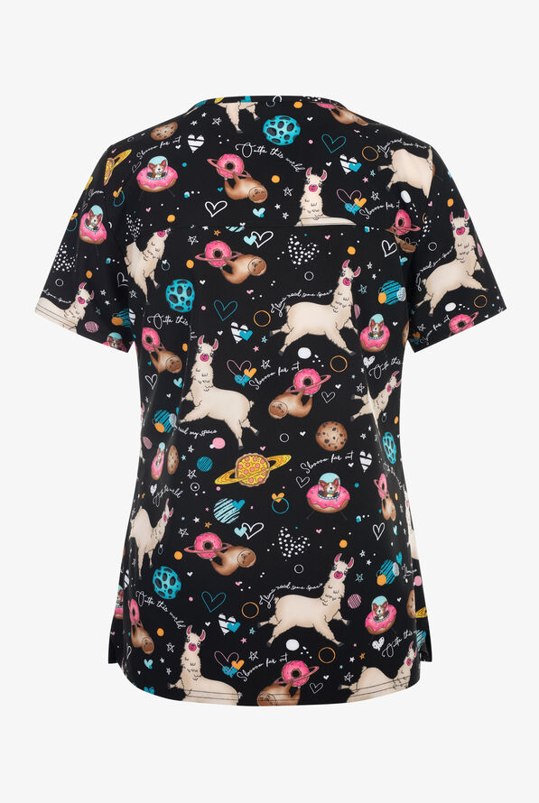 Blusa médica estampada Cherokee Space Snacks Llamas STRETCH con cuello en V y 2 bolsillos para mujer - null - 2