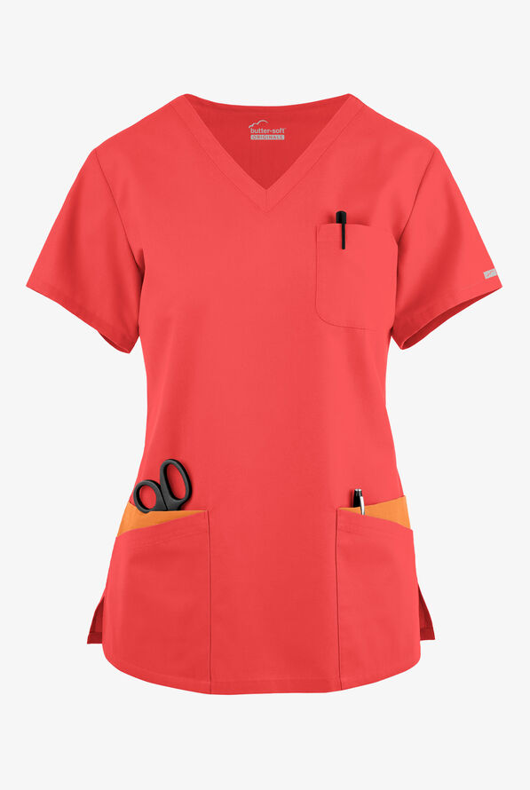 Butter-Soft Originals Women's 7-Pocket Curved V-Neck Scrub Top - Radiant Red/Apricot Crush - 1