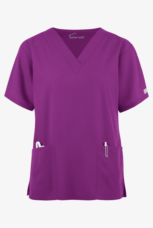 Butter-Soft Core Women's 2-Pocket V-Neck Scrub Top - Berry Burst - 1