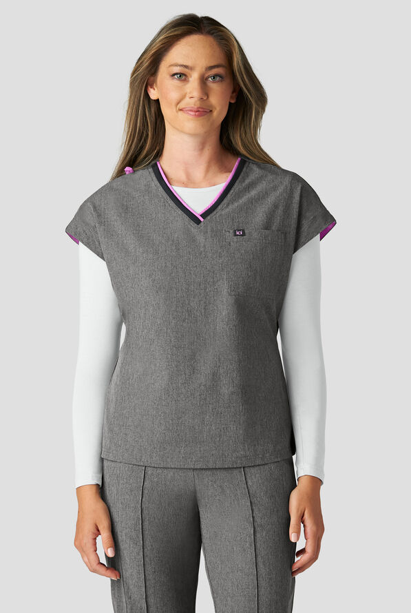 koi Basics Mckenna Women's 1-Pocket STRETCH V-Neck Dolman Sleeve Scrub Top - Heather Grey/Bloom Lavender - 2