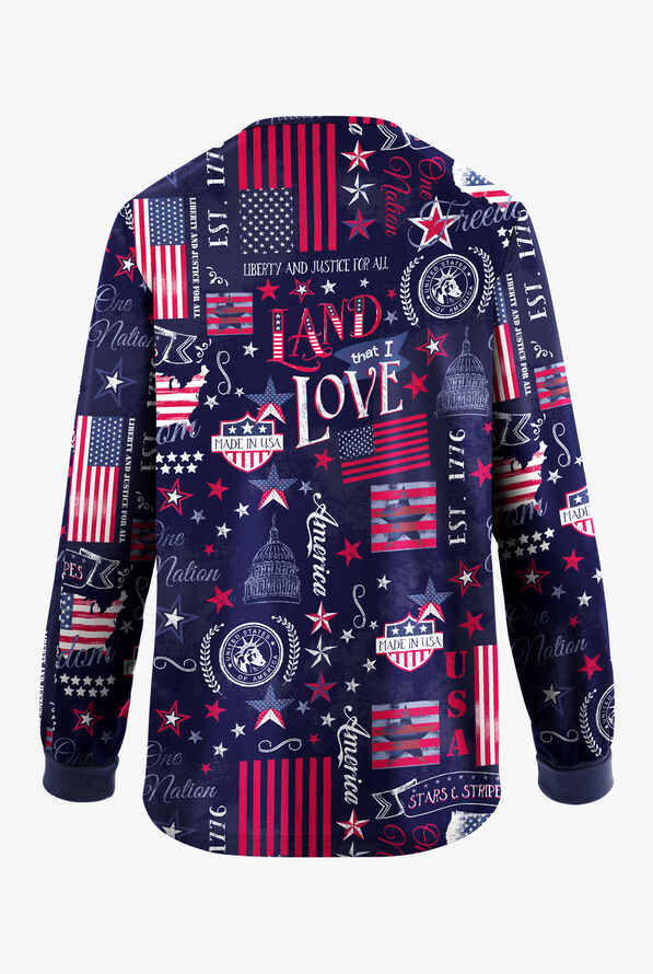 Butter-Soft Originals Freedom USA Navy Women's 3-Pocket Snap Front Print Scrub Jacket - null - 2