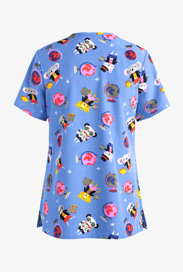 Green Town Around the World Animals Women's 3-Pocket STRETCH V-Neck Print Scrub Top - null - 2