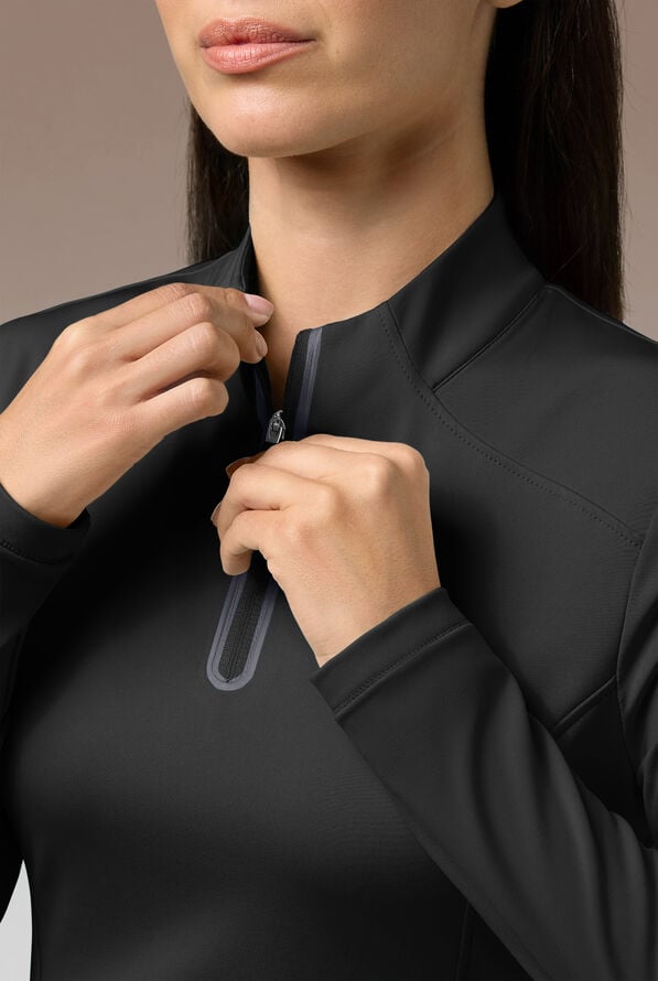 Hypothesis Omni Base K Women’s 3-Pocket Knit Long Sleeve Zip Neck Scrub Top - Jet Black/Pewter - 4