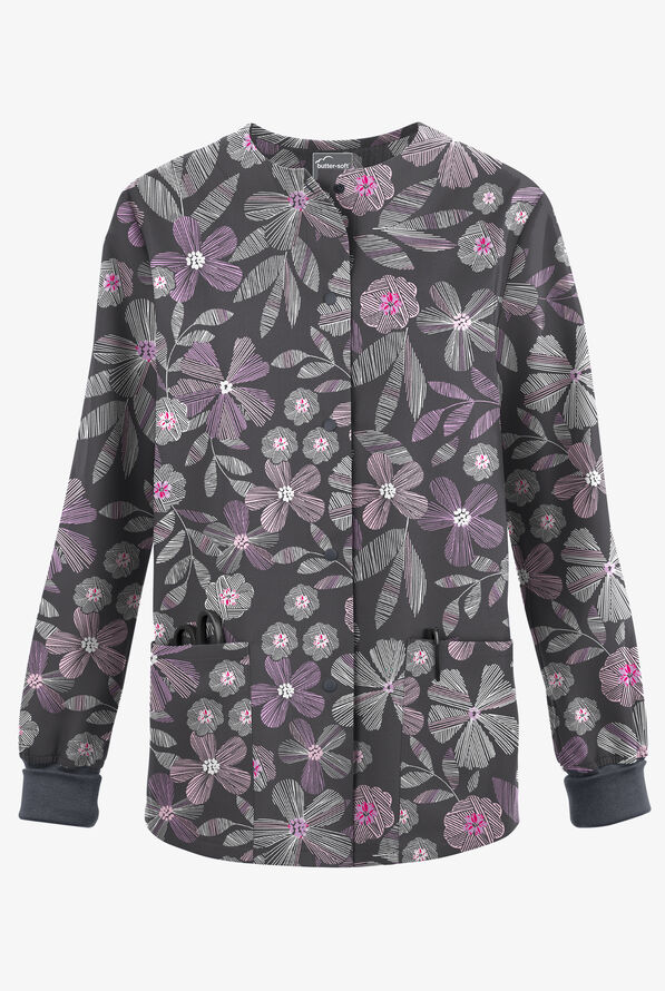 Butter-Soft Originals Linear Floral Pewter Women's 3-Pocket Warm-Up Print Scrub Jacket - null - 1