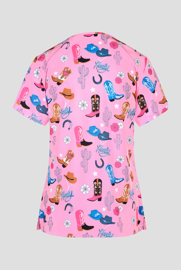 Green Town Gone West Country Women's 3-Pocket STRETCH V-Neck Print Scrub Top - null - 2