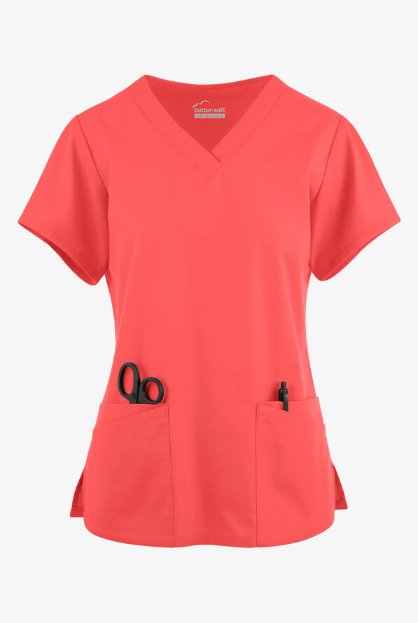 Blusa médica Butter-Soft Originals con cuello en V y 6 bolsillos para mujer - Radiant Red - 1