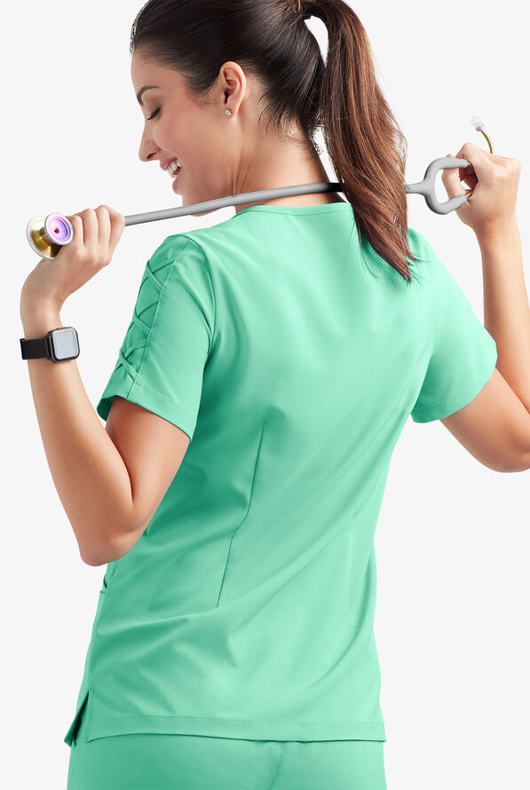 Blusa m&eacute;dica EASY STRETCH Kylie con detalle entrecruzado y 5 bolsillos para mujer - Jade Mint - 4