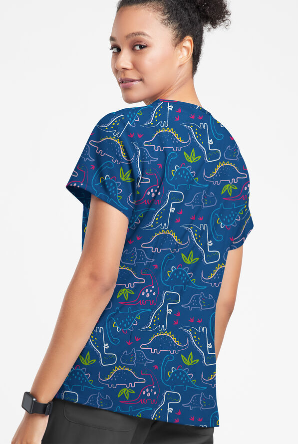 Happy Scrubs Dino Park Royal Women's 7-Pocket Rounded V-Neck Print Scrub Top - null - 3