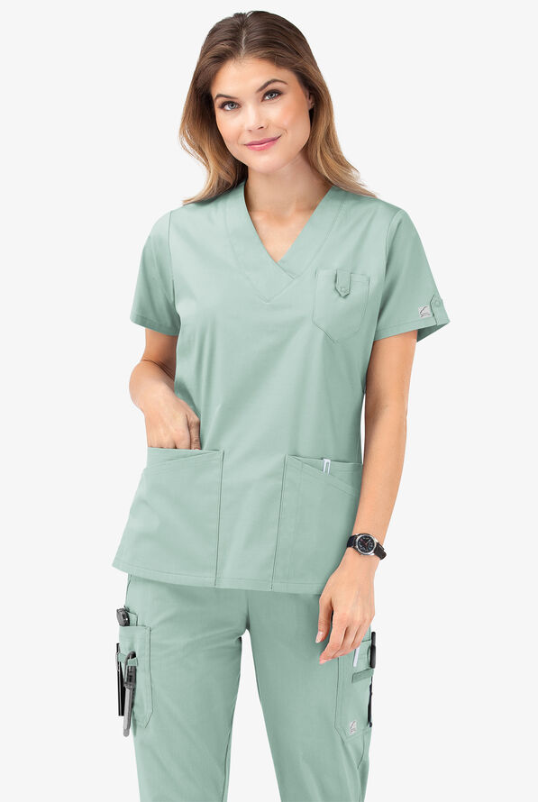 Butter-Soft STRETCH Women's 6-Pocket V-Neck Scrub Top - Eucalyptus Leaf - 8