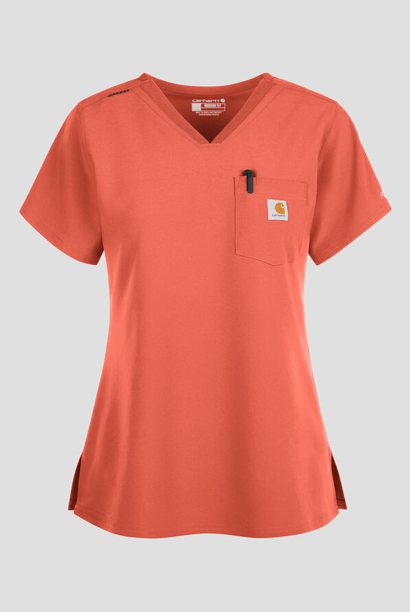 Carhartt Cross-Flex Force Women's 1-Pocket STRETCH Knit Panel Tuck In Scrub Top - Dusty Cedar - 1