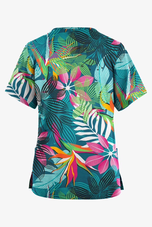 Blusa médica estampada Butter-Soft Originals Kaleidoscope Jungle de corte clásico con cuello en V y 2 bolsillos para mujer - null - 2