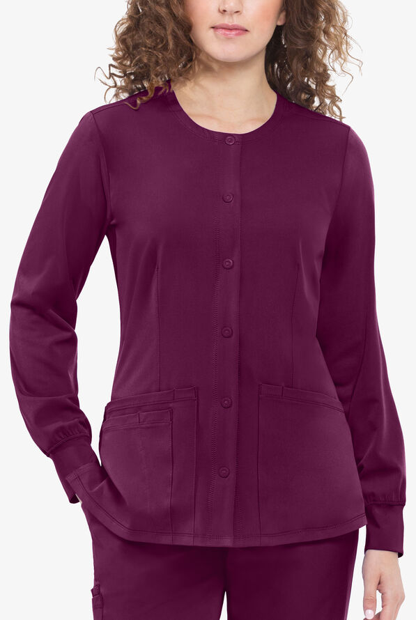 HH Works by Healing Hands Megan Women's 4-Pocket STRETCH Round Neck Warm-Up Scrub Jacket - Wine - 3