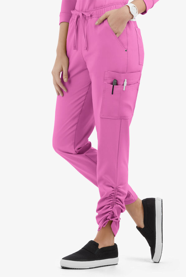 Easy STRETCH Halle Women's 11-Pocket Ruched Leg Jogger Scrub Pants - Magnesium Pink - 1