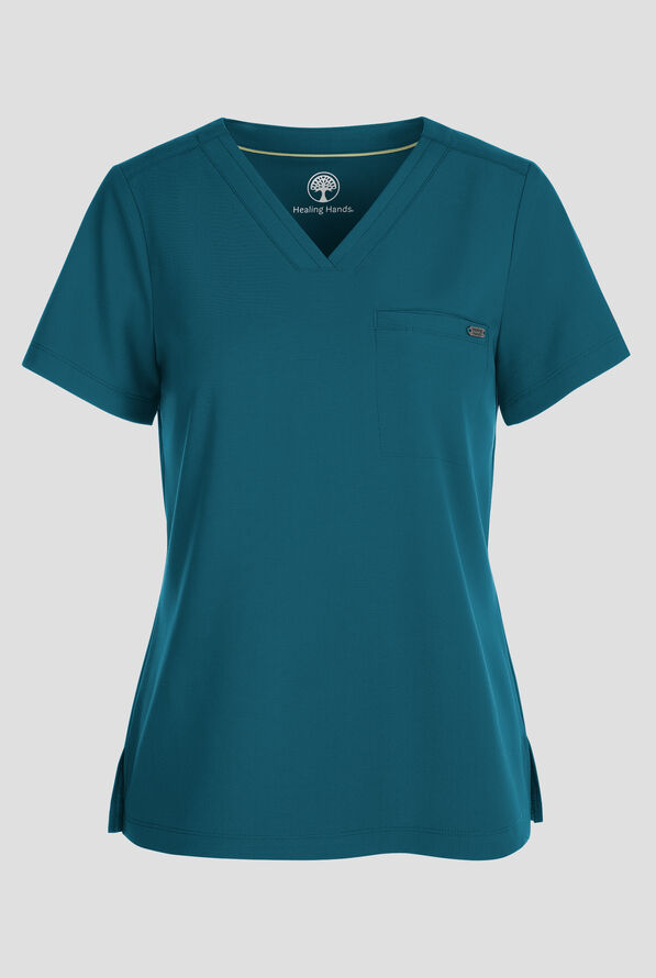 Healing Hands Quest Women's 1-Pocket STRETCH Tuck In V-Neck Scrub Top - Caribbean Blue - 1