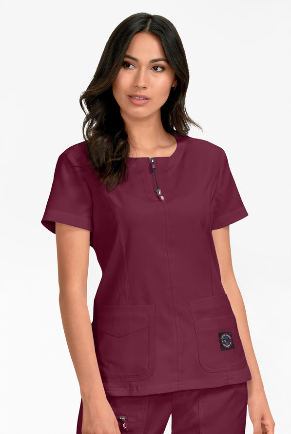 koi Lite&trade; Serenity Women's 4-Pocket Double Zipper Scrub Top - Wine - 2