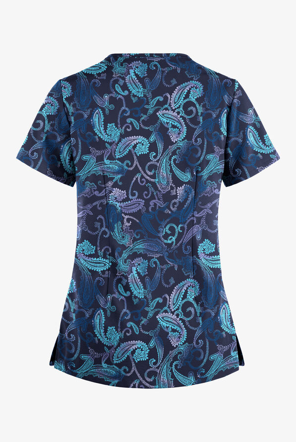 Easy STRETCH Paisley Tie Dye Navy Women's 4-Pocket Lace Up V-Neck Print Scrub Top - null - 2