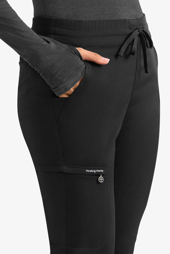 Healing Hands Purple Label Women's 6-Pocket STRETCH Flare Leg Drawstring Scrub Pants - Black - 2