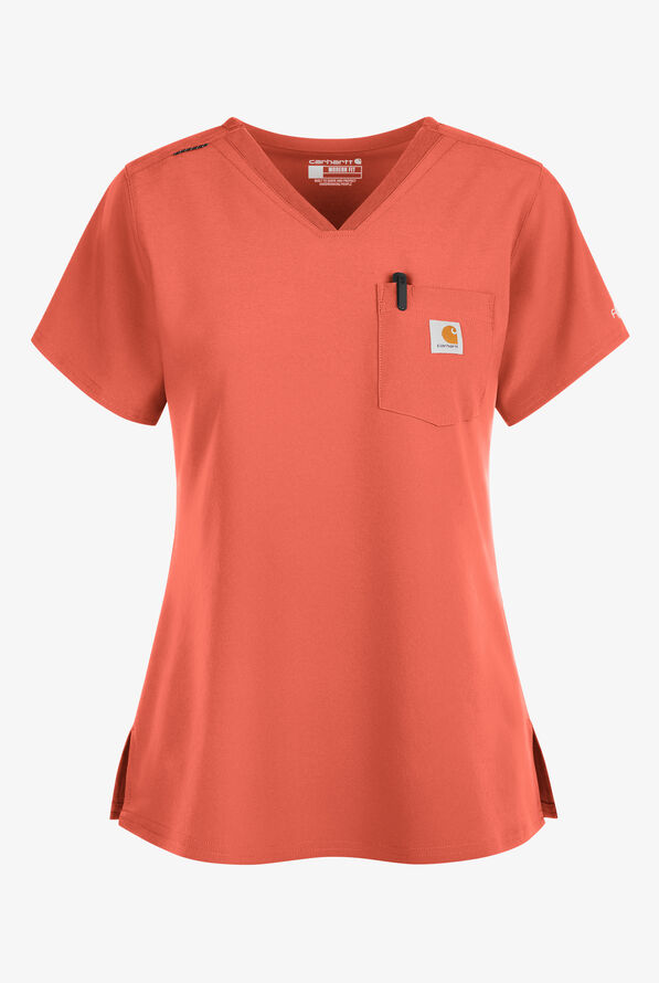Carhartt Cross-Flex Force Women's 1-Pocket STRETCH Knit Panel Tuck In Scrub Top - Dusty Cedar - 1